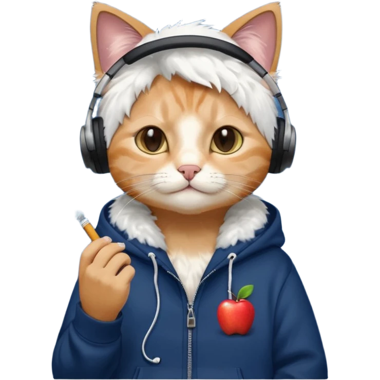 cat in headphones, in a dark-blue almost black oversized hoodie with a cigarette in his hand, more apple-like emoji  emoji