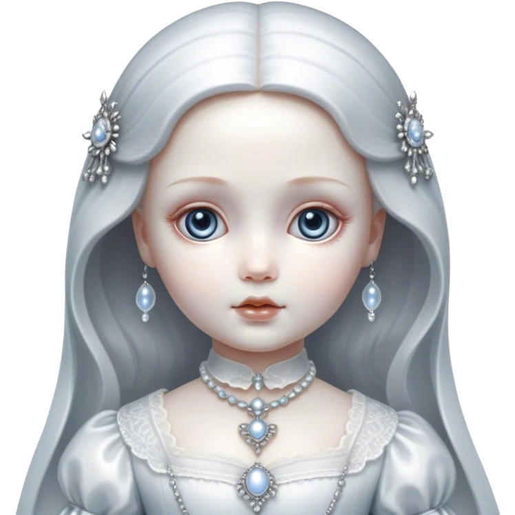 Cinematic, sitting, Ultra realistic 32k HD, hauntingly beautiful porcelain doll, Balanced features, highly detailed, glowing with silver light, high shine, remembrance, a painting of white silver, fanciful, enchanting, ghostly. The image is so lifelike it could leap off the canvas at any moment emoji