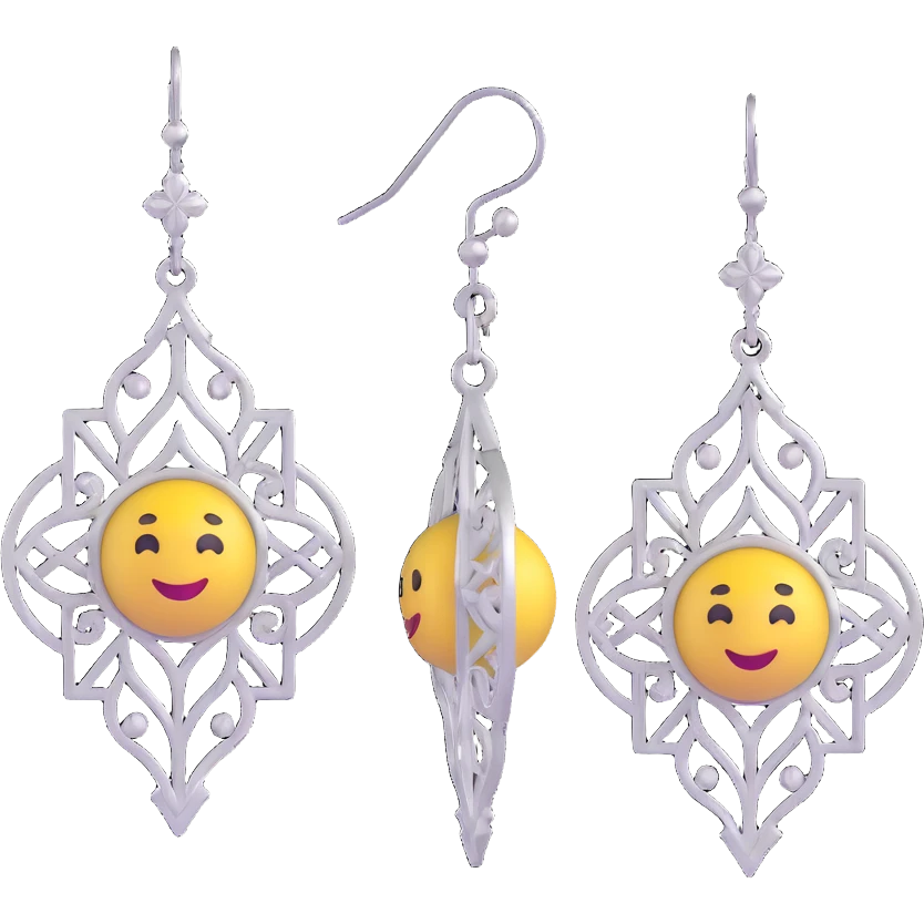 3D emoji-style silver chandelier earrings with intricate filigree, glamorous emoji
