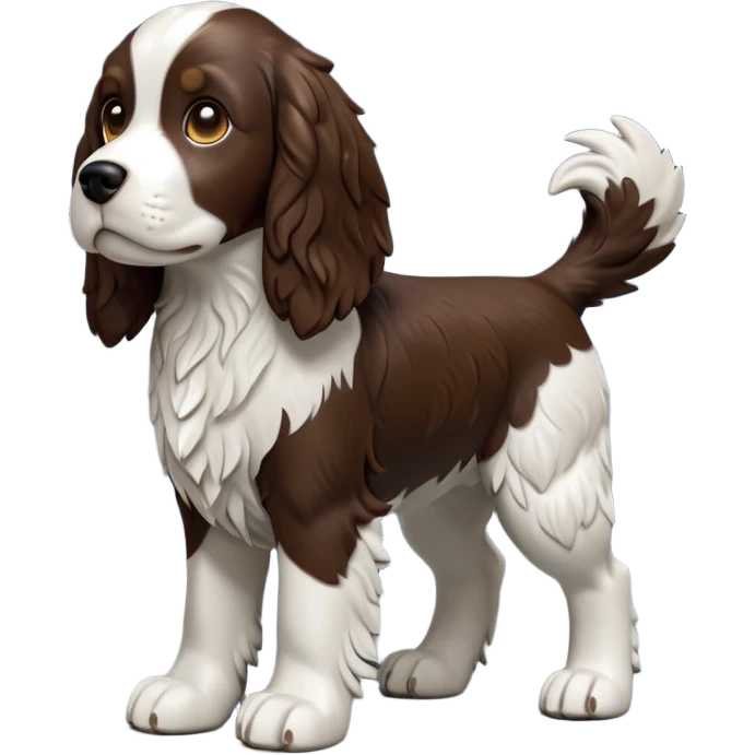cinematic-[Springer Spaniel]-realistic-full-body-standing-emoji,-tail-resting-loosely-beside-its-paws,-head-tilted-dramatically, -scruffy-[brown and white]-fur,-simplified-yet-realistic-focused-features,-highly-detailed,-glowing-with-an-almost-sarcastic-glow emoji