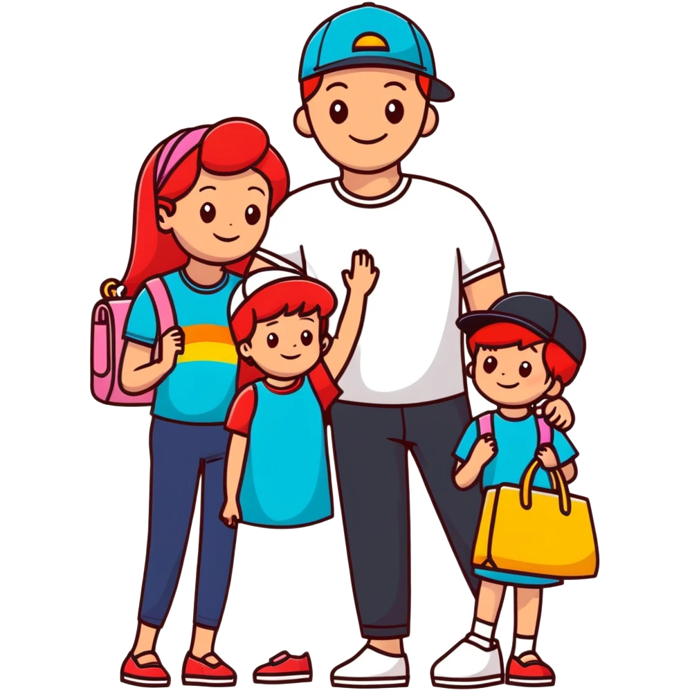 A happy family of four - father in white t-shirt and cap, mother with red hair in coral dress, young daughter in matching dress with rainbow handbag, teenage son in light embroidered shirt, all smiling together emoji
