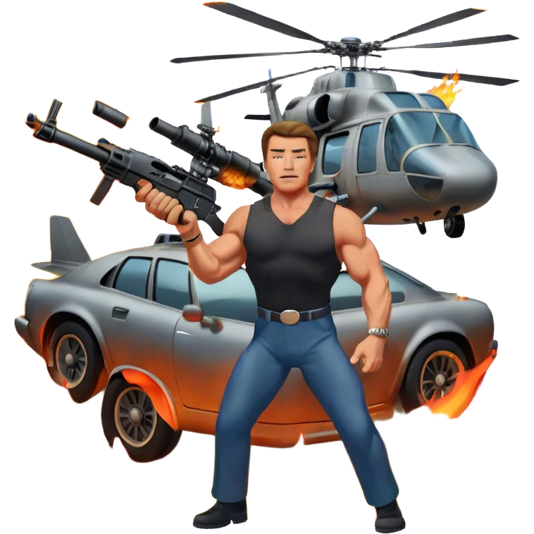 Icon for Action Movies: Arnold Schwarzenegger in the lead role, in an intense action pose with weapons, explosions, a car and helicopter flying out of flames in the background. The design should capture the explosive energy and heroism of classic action films. Transparent background. emoji