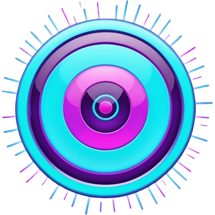 Futuristic glowing bullseye target emoji, neon purple and cyan holographic glow, dark background, digital tech style, abstract sparkles, no face. emoji