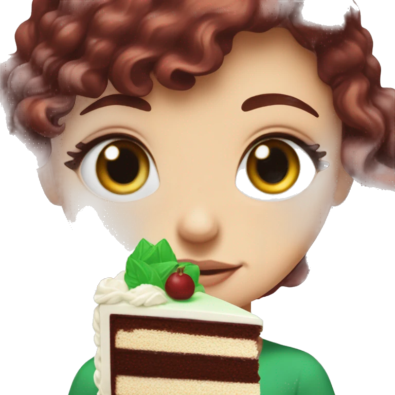 a white girl with burgundy wavy hair and black eyeliner and green eyeseating a huge piece of chocolate cake  emoji