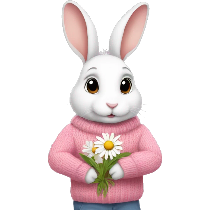Rabbit is holding daisy and wearing pink sweater emoji