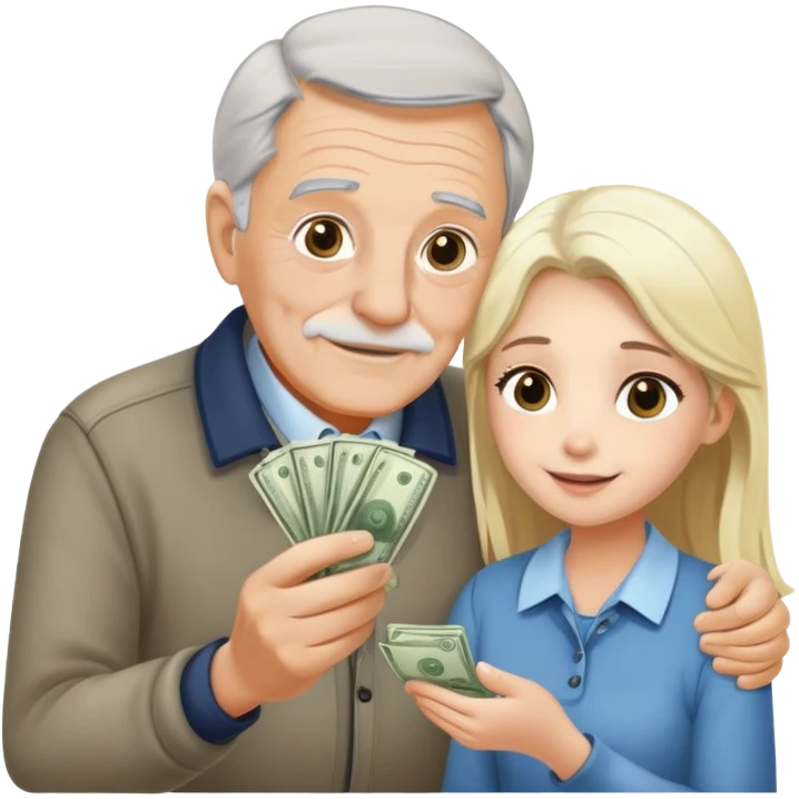 Kind elderly grandfather with gray hair giving money to a pretty blonde young woman who needs financial help, supportive family moment emoji