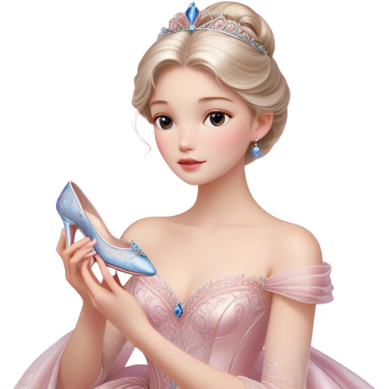 Cinematic Realistic Cinderella Portrait, depicted with lifelike skin texture, subtle rosy undertones, and soft natural lighting that enhances the gentle contours of her face. Her intricately detailed golden blonde hair is elegantly styled in an updo, with delicate wisps framing her face. Her deep, expressive blue eyes radiate warmth and sincerity, reflecting a quiet resilience and grace. She holds a glass slipper gently in one hand, her other hand resting gracefully at her side, emphasizing the timeless beauty of the moment. She is dressed in her iconic ball gown, the fabric shimmering with intricate embroidery and fine translucent layers that catch the light beautifully. The soft sheen of satin gloves adds a magical touch to her graceful pose. The portrait features an enchanting glow with a natural, luminous finish, seamlessly blending realism and fairytale charm to evoke a sense of depth, elegance, and timeless beauty. emoji