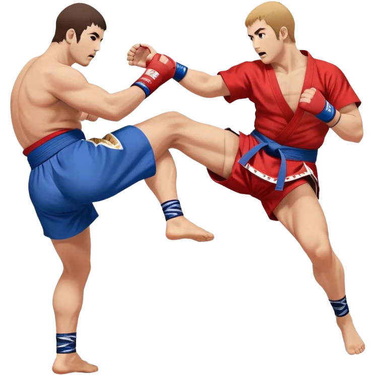 An icon symbolizing Sambo, featuring two fighters in blue and red kimonos with shorts and wrestling shoes. One executes a powerful throw, while the other attempts a defensive grab. The fighters are engaged in a grapple, using joint locks and sweeps.  emoji