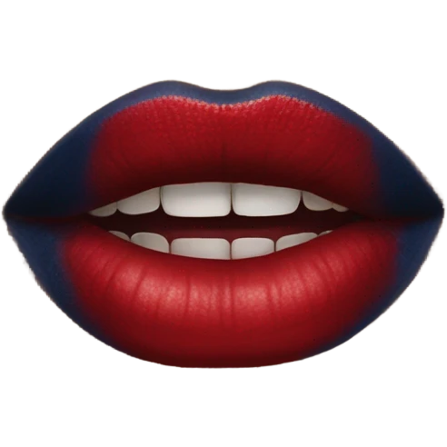 long dark blue manicure at the mouth with red lipstick emoji