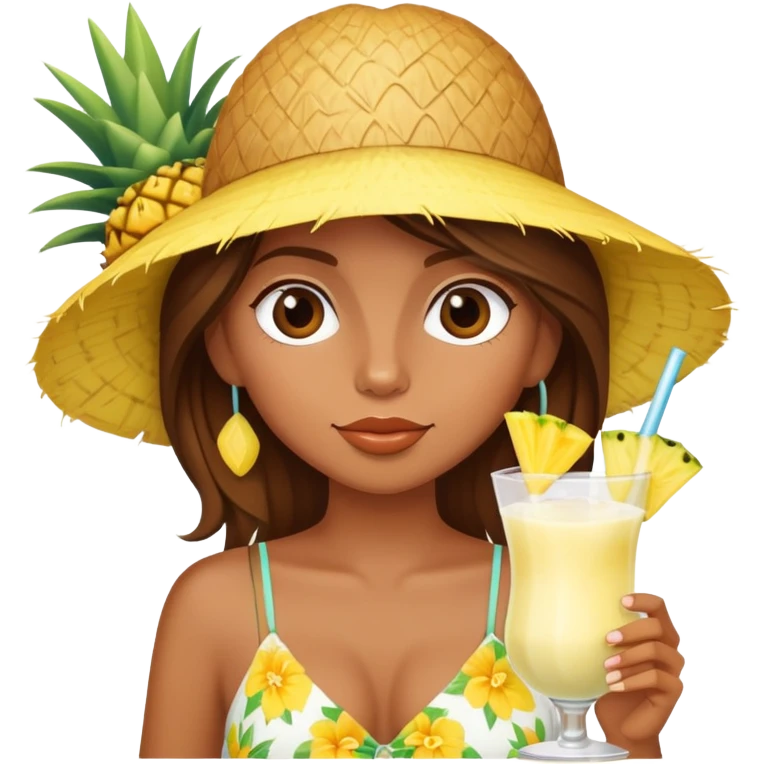 Very tan skinned girl with brown hair wearing a summer outfit sipping a piña colada emoji