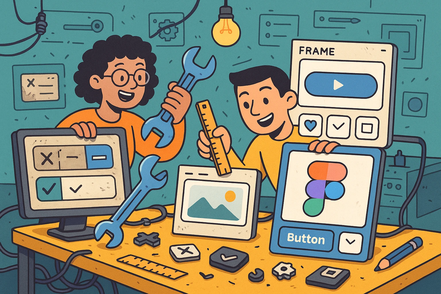A creative repair lab scene with two designers: one with curly hair, one with short dark hair. They are playfully fixing old, messy UI components using a wrench, ruler, and Figma interface elements. The environment is clever and chaotic, showing the transformation of legacy UI into something beautiful. emoji