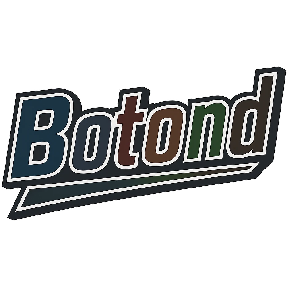 Text image of the name 'Botond' in a masculine, modern, gradient font with precise Hungarian characters, dark contour, extra thick, prominent white letter outline as in reference images, dynamic slanted underline, masculine color shades including blue, gray, burgundy, green, and brown, 1000x1000 px, PNG, transparent background. emoji