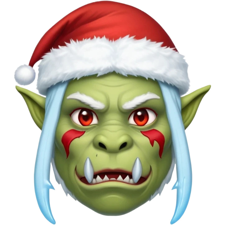 Fantasy orc emoji portrait, Santa Claus hat stretched around tusks, tusks covered with ice and crimson frost cracks, cold predator expression, winter hunt atmosphere, minimal clean emoji design, female variant
 emoji