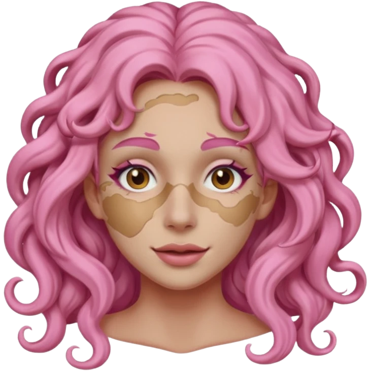pink haired very long curly haired woman with full full face clay mask emoji