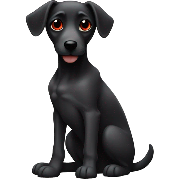 Dog with black ears, saggy red eyes, sitting like a good girl emoji