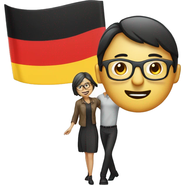 Man with straight short hair with glasses and stub. Woman with straight DARK hair with glasses. German flag dancing  emoji