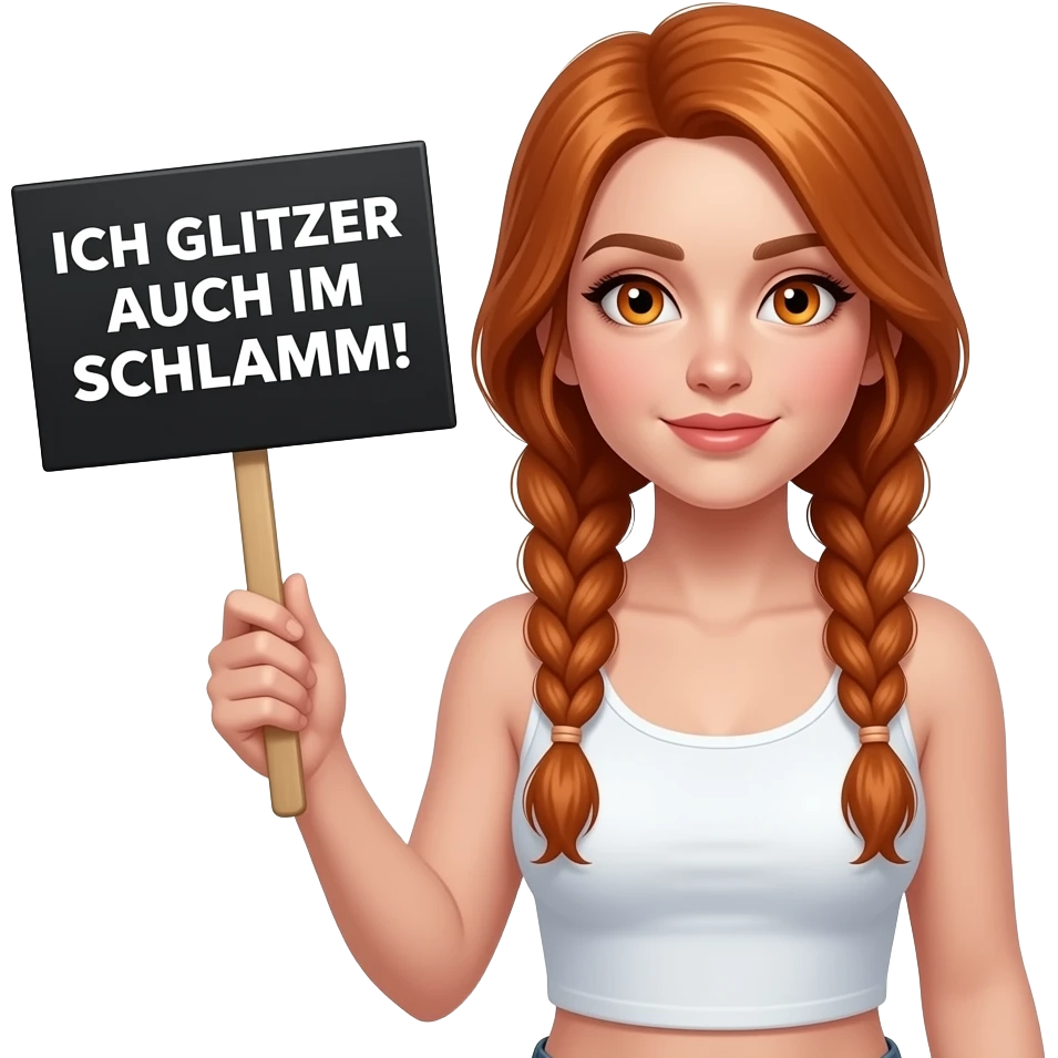 sexy girl with long ginger braids and ginger eyes wearing a white tanktop is holding a black sign with ICH GLITZER AUCH IM SCHLAMM! written on it emoji