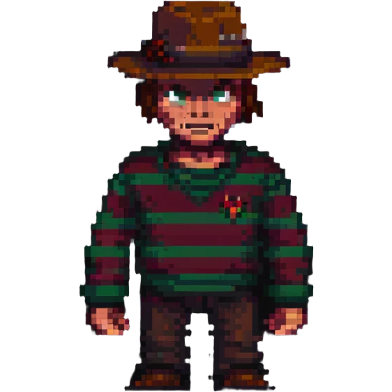 Freddy Krueger in pixel art style, menacing pose, classic striped sweater emoji