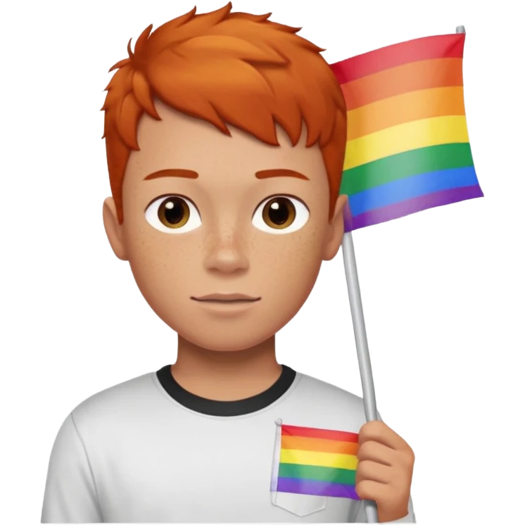 A gay, ginger, young, freckled, boy with a shirt with the name JUDE on it in red marker, holding a pride flag emoji