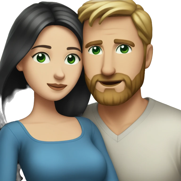 White man BROWN beard and blue eyes and BROWN hair hugging white woman with long black hair and green eyes emoji