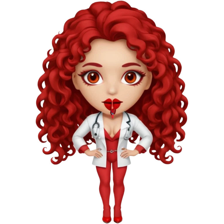 Sensual Spanish Lilith core evil surgeon.red outfit.  Surgeon has red eyes. Her hair is BROWN. Hair is also  long and  curly. wearing a sexy surgeon outfit with platform heels.she is a calculated smart cereal killer. She covers only her mouth and nose to hide identity  emoji