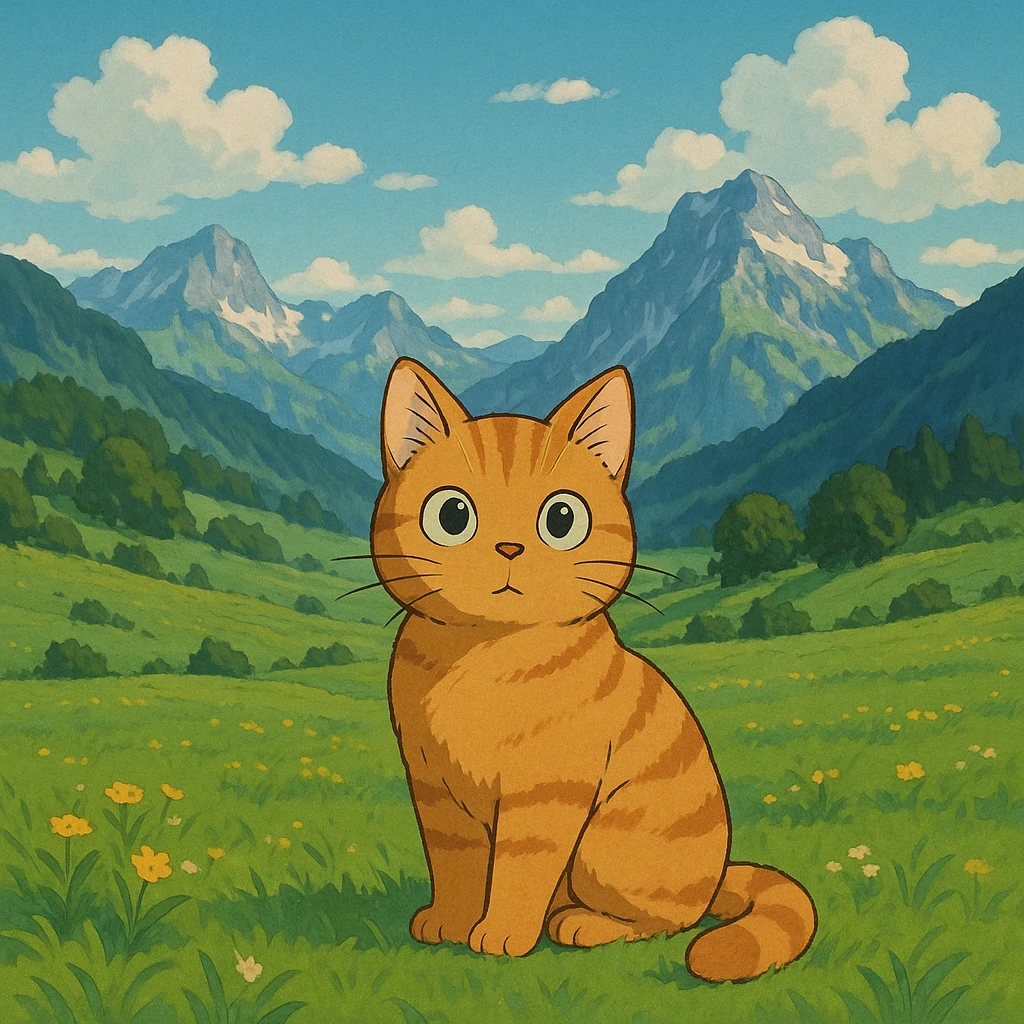 cat in Ghibli style on green Swiss meadows and mountains emoji