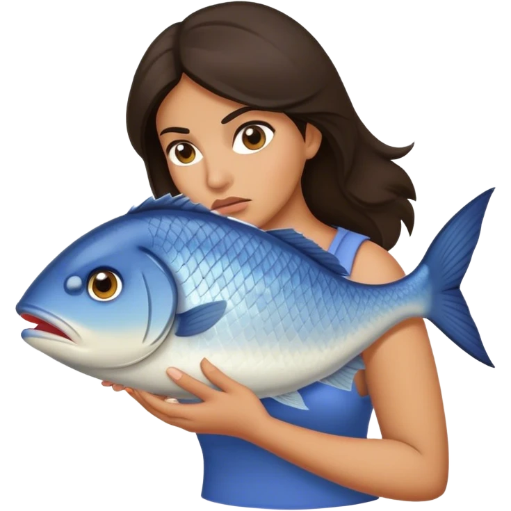Annoyed Brunette Woman carries huge fish emoji
