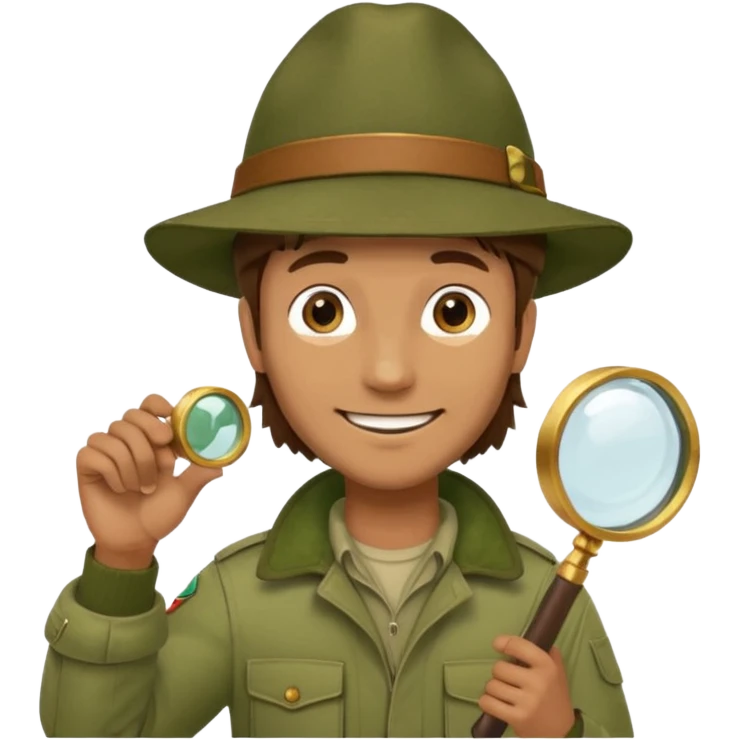  man with brown hair in beige moss green explorer outfit, hat, holding magnifying glass, smile emoji
