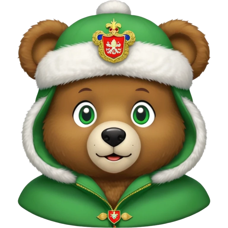 Sweet brown teddy bear face with friendly expression and bright green eyes, snow white furry ushanka hat with detailed Russian Federation coat of arms, iOS emoji style emoji