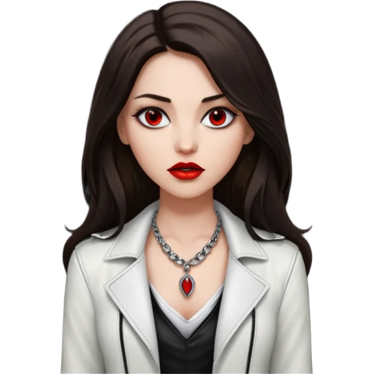 brunette with very long hair in black cuir jacket with red lips and very dark brown eyes and white shirt and mysterious necklace without piercing with evil eyes emoji