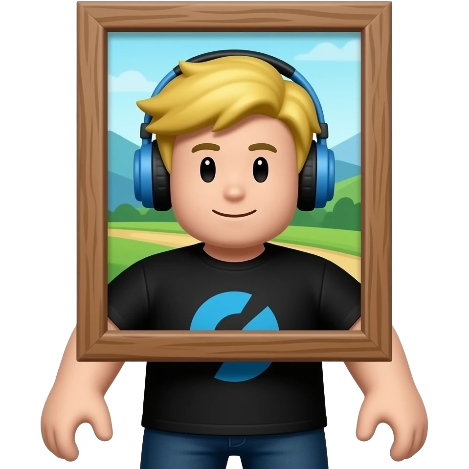 Funny Roblox avatar emoji, character with a wooden picture frame around the head, face inside a painting frame, blond hair with blue headphones, black shirt with blue design, dark pants, white hands, quirky and creative style, 3D cartoon emoji, cute gaming style, bright lighting emoji