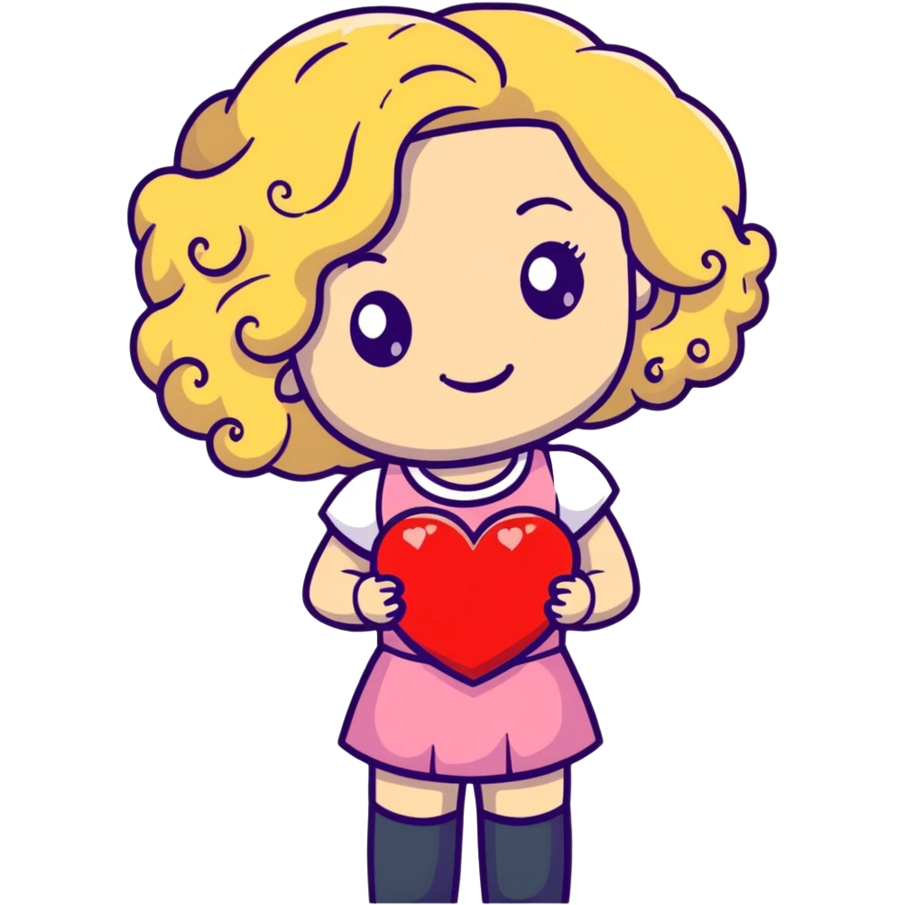 Girl with blonde, curly hair holding a heart emoji