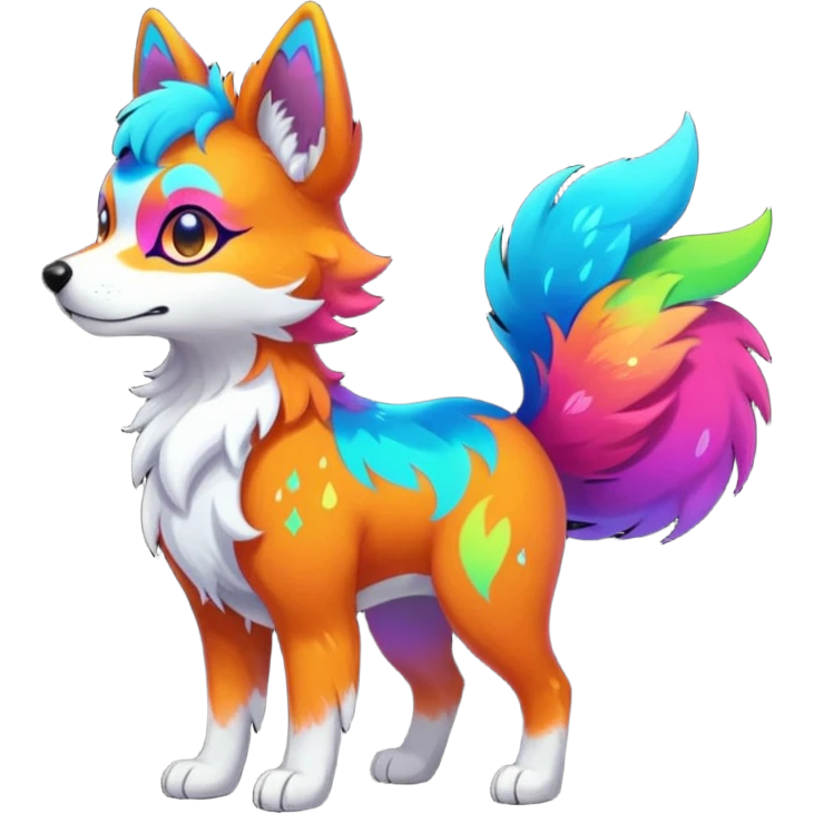 Vibrant multicolored neon-colored Falvie-Fionbri-creature-sparkle-dog-fursona, full body emoji