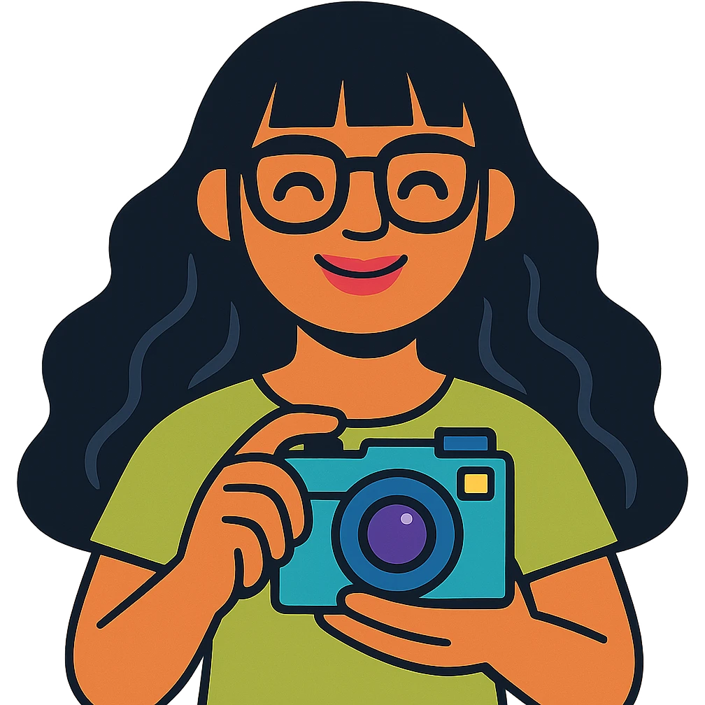 girl with long wavy black hair, bangs, black glasses, pink lip gloss, holding a teal camera, smiling with closed mouth, light moss green shirt, colorful illustration, friendly and modern style emoji