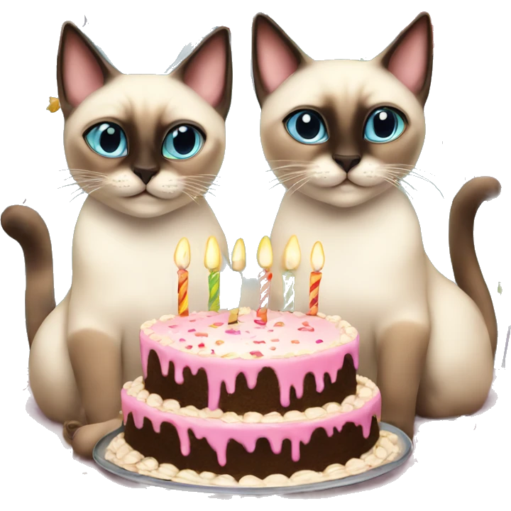 two siamese cats at a birthday party eating cake emoji