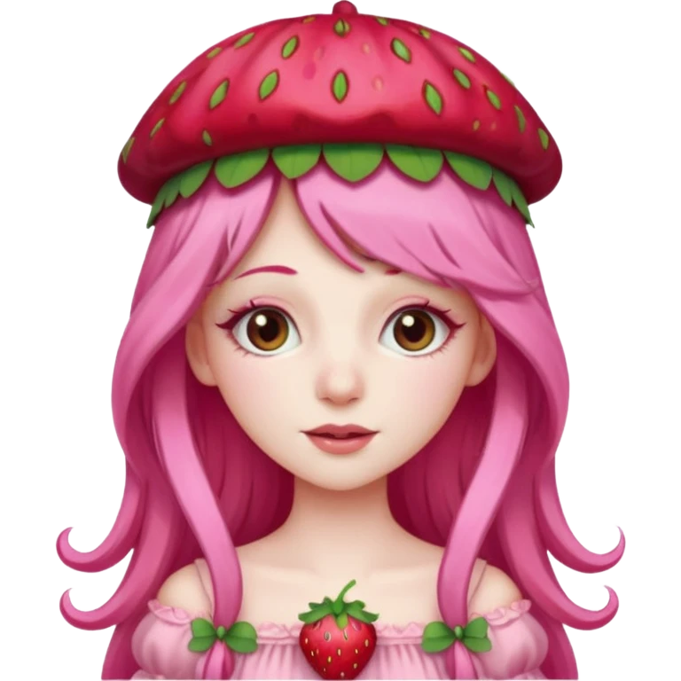 Strawberry princess long pink hair eyelashes pale strawberry hat and dress emoji