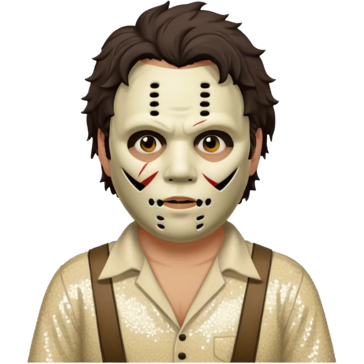 Leatherface with tan mask with dark brown hair, ivory sequin outfit  emoji