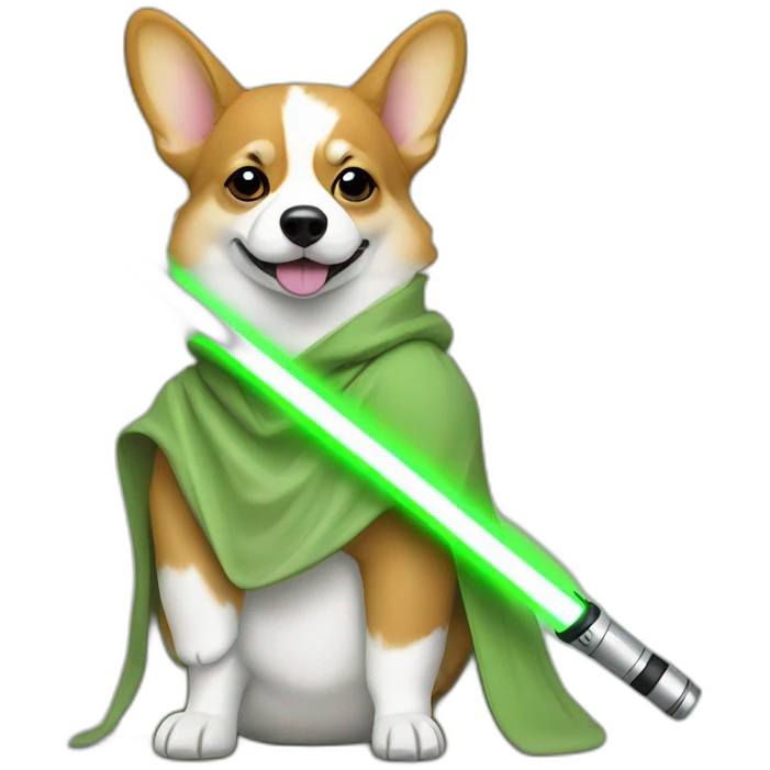 Corgi dress as yoda with one light saber green emoji