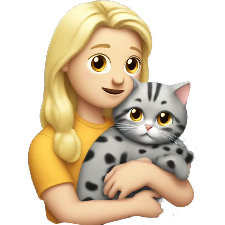 3 objects - a beautiful blonde with long hair and a polka-dotted dress, a bald handsome man in a cap and a rock T-shirt and a fat gray cat with black spots. The man hugs the blonde and holds the cat in his hands emoji