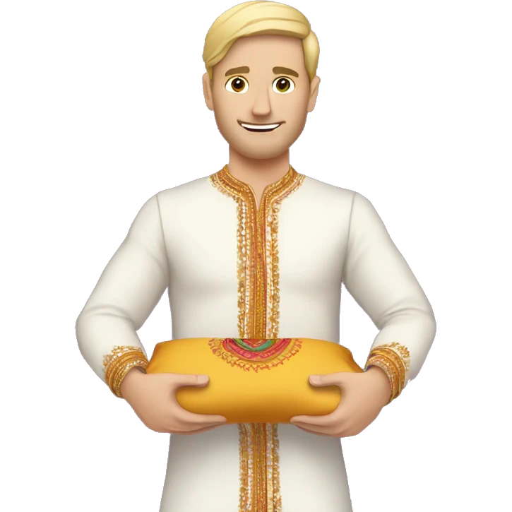 white man holding a pillow, weaing indian festival outfit with sleeves emoji