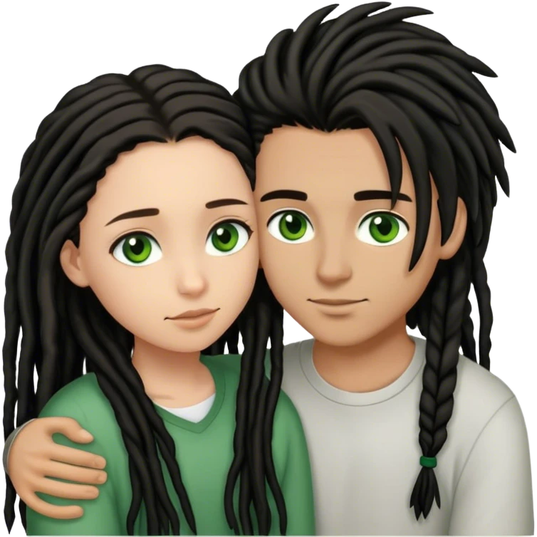 couple holding eachother. boy is light skinned, short brown dreads, and green eyes.girl is light skinned, long black hair straight, and brown eyes. emoji