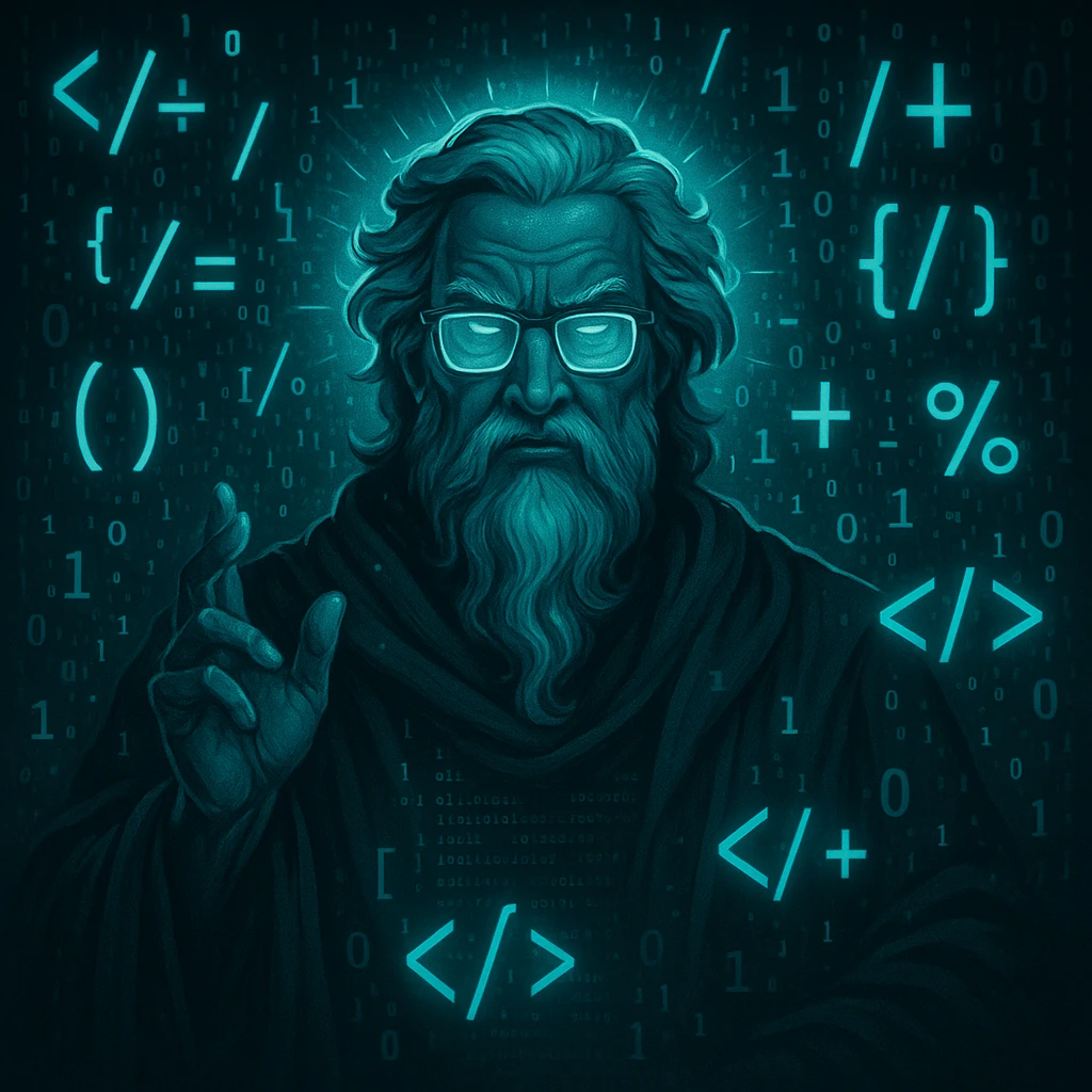 a powerful and wise code geek master god with glasses, surrounded by code symbols, digital and futuristic style emoji