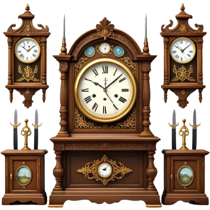 Icon for Antiques Collecting: a vintage clock, intricately carved furniture, famous paintings, antique swords, and rifles. The items are displayed on a wooden table or shelf. The icon should evoke the rich history and craftsmanship of antique collecting. Transparent background. emoji