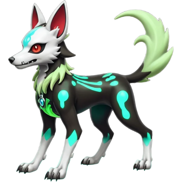 Hyper realistic demonic slim skeletal black and neon green futuristic shiny colorful bioluminescent cyber-Poochyena-Lycanroc-Zorua-Litten-Houndoom-Fakémon-Pokémon-Digimon-hybrid-fusion (full body) with a skull face emoji