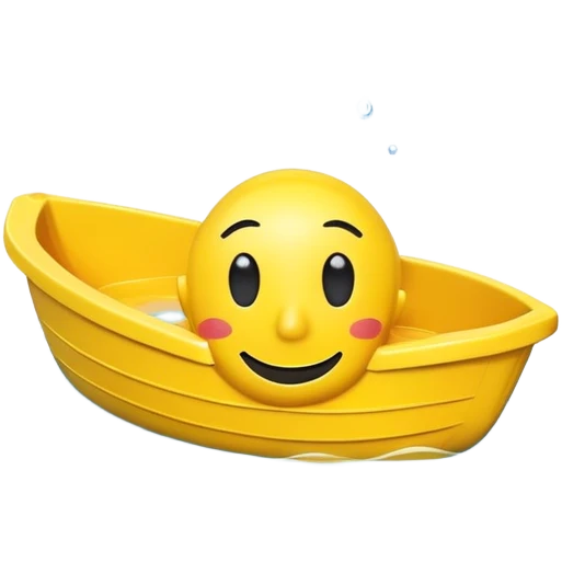 A yellow plastic toy bath boat with a big happy smiling face on the front emoji