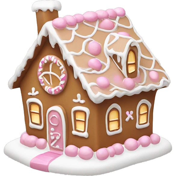 Cute light brown gingerbread house with white icing and light pink accents emoji