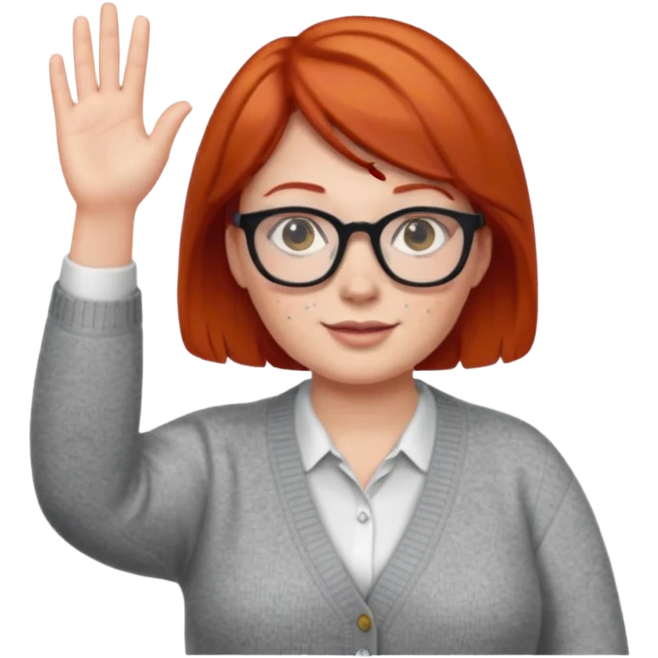 plump female teacher with short red hair, glasses, freckles, waving emoji