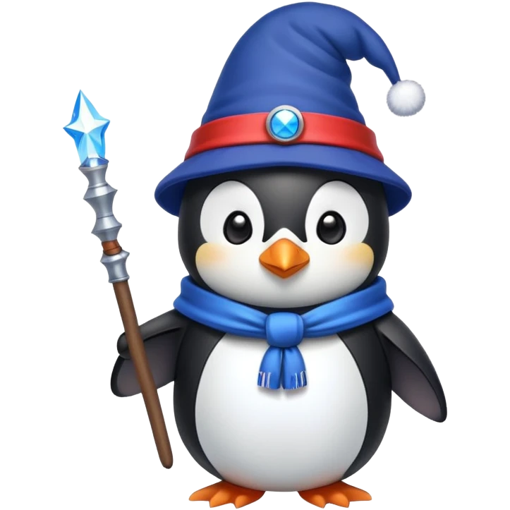 Penguin wizard wearing ushanka hat and holding magic wand with Russian flag colors emoji