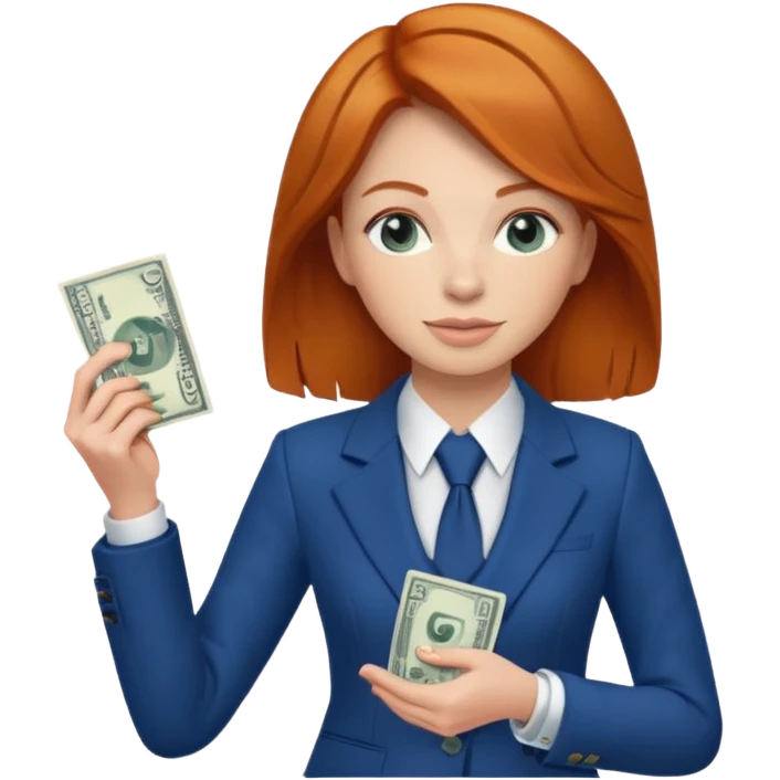 ginger hair Woman wearing blue suit holding dolar emoji