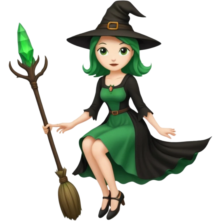 ведьма на метле в зелено-черном платье emoji